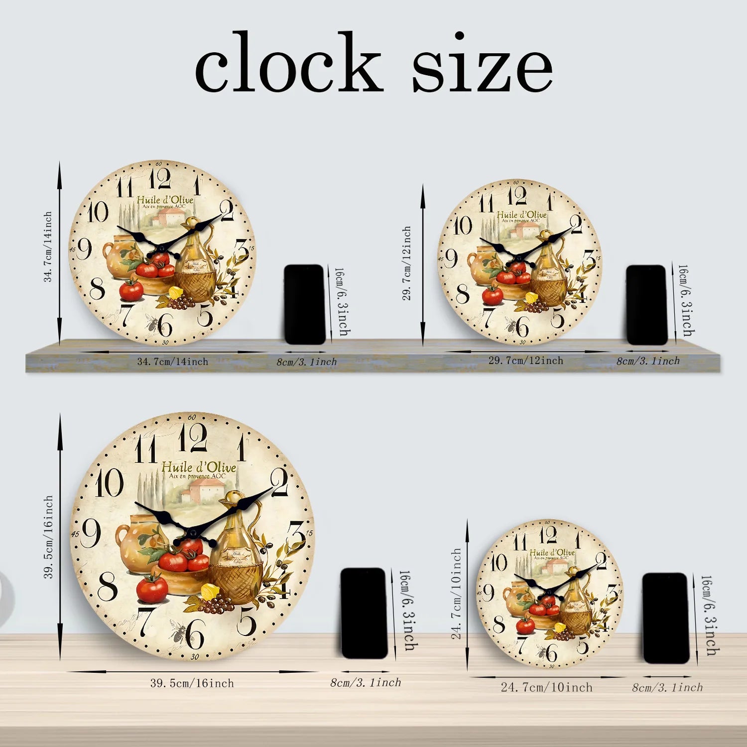 Horloge Murale En Bois Vintage Motif Huile D'Olive Et Tomate, Style Provence, Pour Salon, Chambre, Cuisine, Décoration Intérieure, Horloge Silencieuse À Quartz, Cadeau De Fêtes, 10 Pouces, 12 Pouces, 14 Pouces, 16 Pouces (Sans Pile)