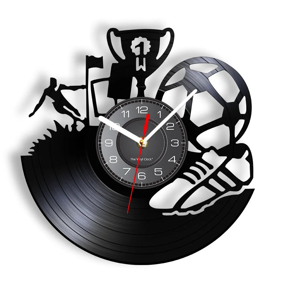 Football Vinyl Record Wall Clock for Bedroom Home Decor Clock Forward and Goalkeeper Laser Cut Music Album Decorative Wall Watch