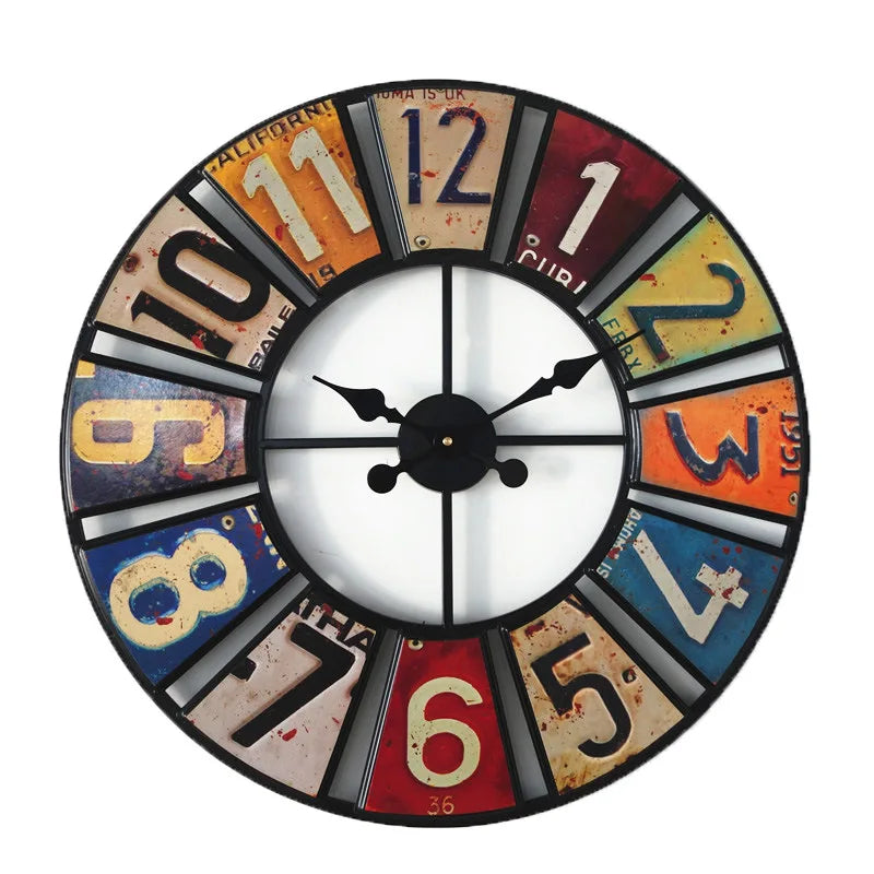 Horloge Murale Numérique Circulaire Rétro, Horloge Murale Créative En Forme De Plaque D'Immatriculation, Autocollant Décoratif En Fer