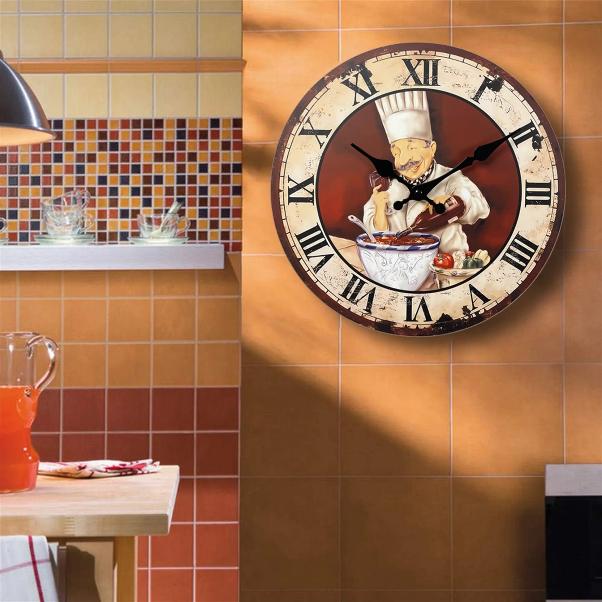 Rétro Italien Chef Modèle De Cuisine Horloge Murale En Bois Salon Chambre Cuisine Décoration De La Maison Horloge Murale Horloge À Quartz Silencieuse Cadeau De Vacances 10 Pouces 12 Pouces 14 Pouces 16 Pouces (Sans Piles)