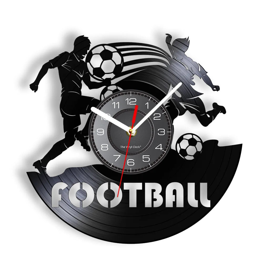 Football Vinyl Record Wall Clock for Bedroom Home Decor Clock Forward and Goalkeeper Laser Cut Music Album Decorative Wall Watch