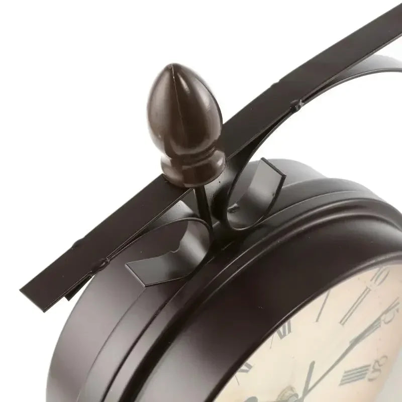 Fer Forgé Antique-Look Rond Tenture Murale Double Face Visages Rétro Station Horloge Lustre Tenture Murale Horloge Maison Chambre