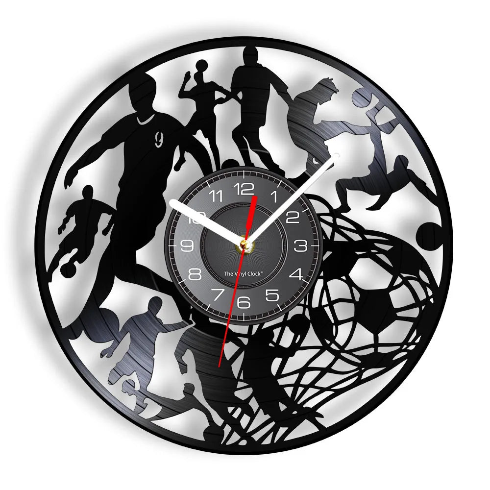 Football Vinyl Record Wall Clock for Bedroom Home Decor Clock Forward and Goalkeeper Laser Cut Music Album Decorative Wall Watch