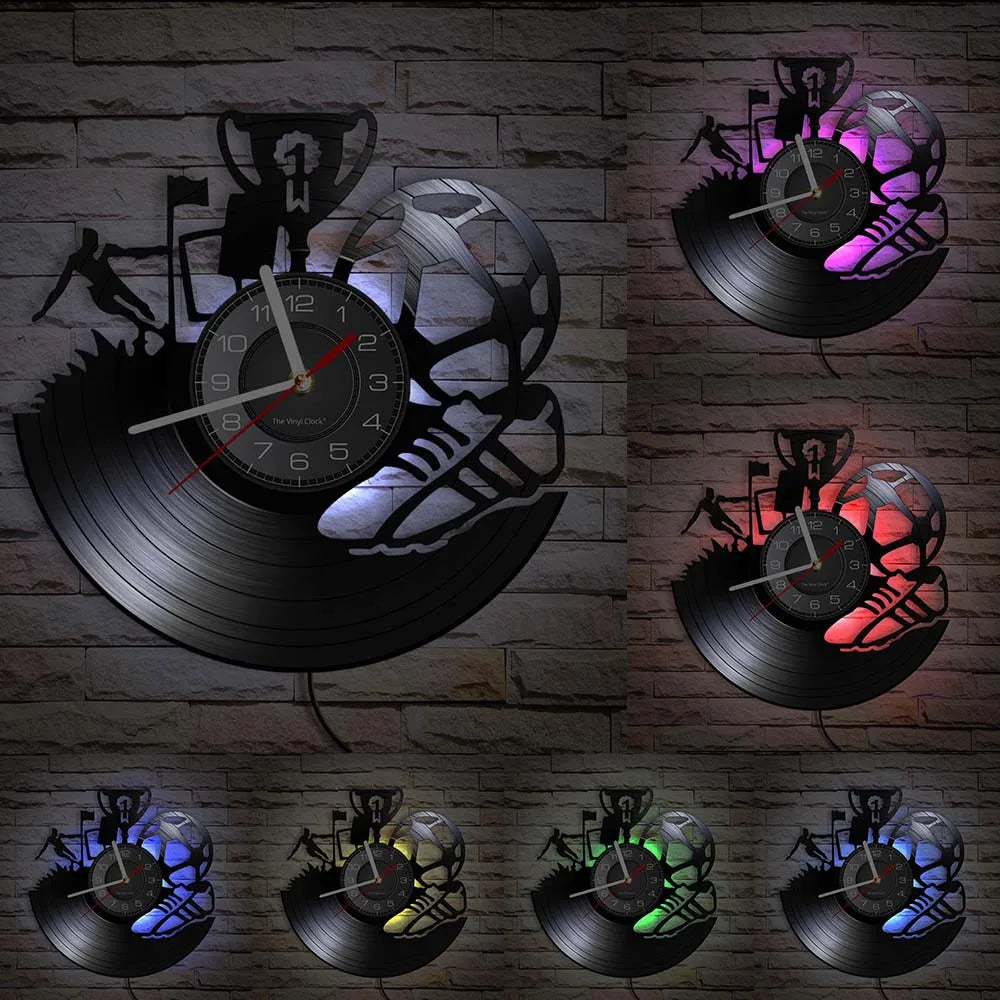Football Vinyl Record Wall Clock for Bedroom Home Decor Clock Forward and Goalkeeper Laser Cut Music Album Decorative Wall Watch