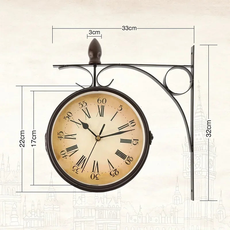 Fer Forgé Antique-Look Rond Tenture Murale Double Face Visages Rétro Station Horloge Lustre Tenture Murale Horloge Maison Chambre