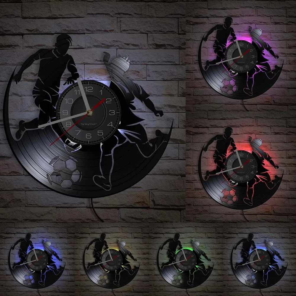 Football Vinyl Record Wall Clock for Bedroom Home Decor Clock Forward and Goalkeeper Laser Cut Music Album Decorative Wall Watch