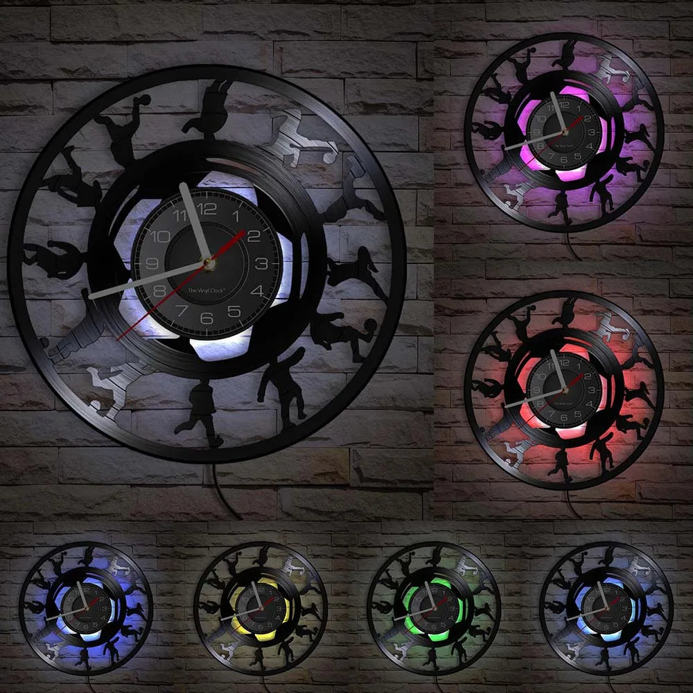 Football Vinyl Record Wall Clock for Bedroom Home Decor Clock Forward and Goalkeeper Laser Cut Music Album Decorative Wall Watch