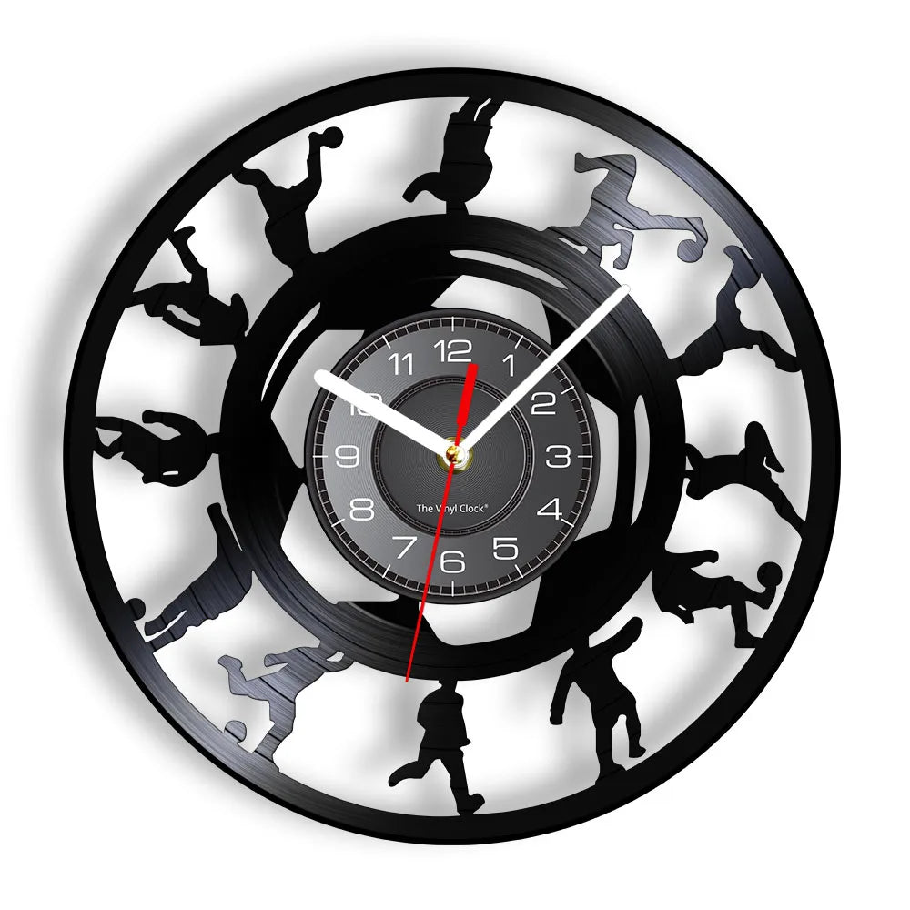Football Vinyl Record Wall Clock for Bedroom Home Decor Clock Forward and Goalkeeper Laser Cut Music Album Decorative Wall Watch