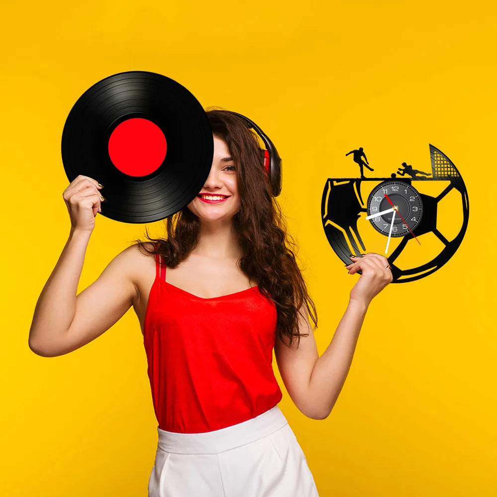 Football Vinyl Record Wall Clock for Bedroom Home Decor Clock Forward and Goalkeeper Laser Cut Music Album Decorative Wall Watch