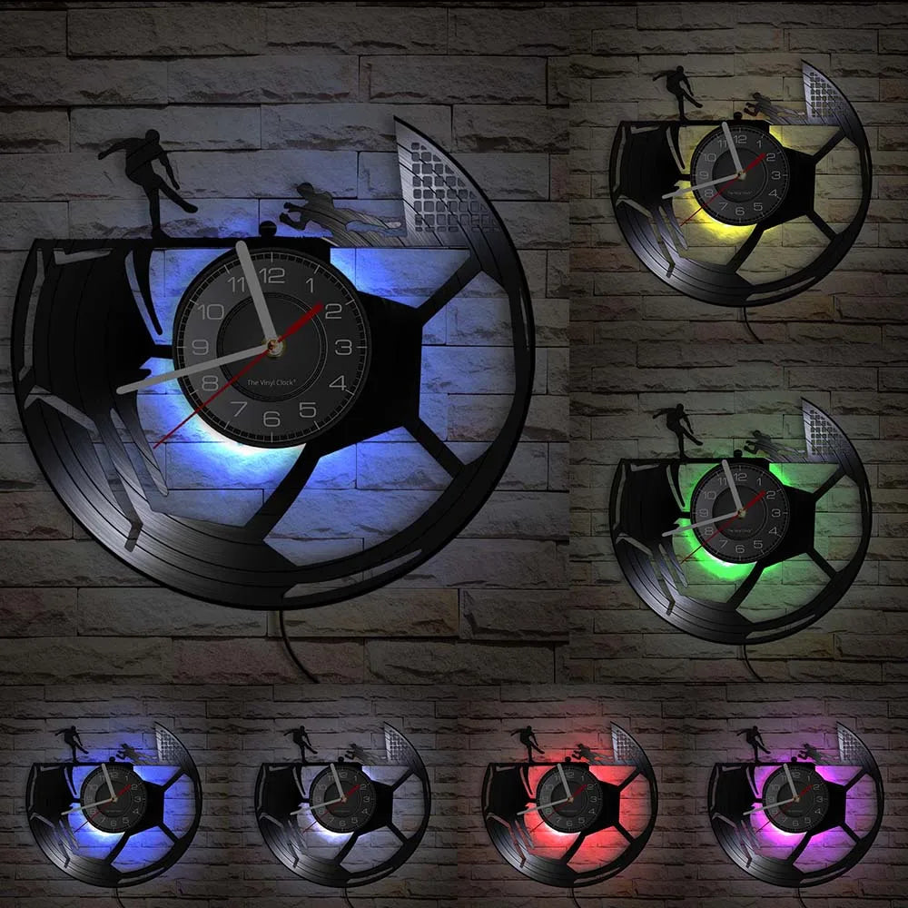 Football Vinyl Record Wall Clock for Bedroom Home Decor Clock Forward and Goalkeeper Laser Cut Music Album Decorative Wall Watch