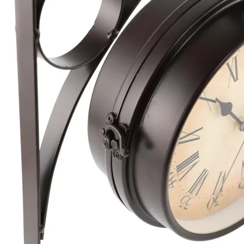Fer Forgé Antique-Look Rond Tenture Murale Double Face Visages Rétro Station Horloge Lustre Tenture Murale Horloge Maison Chambre