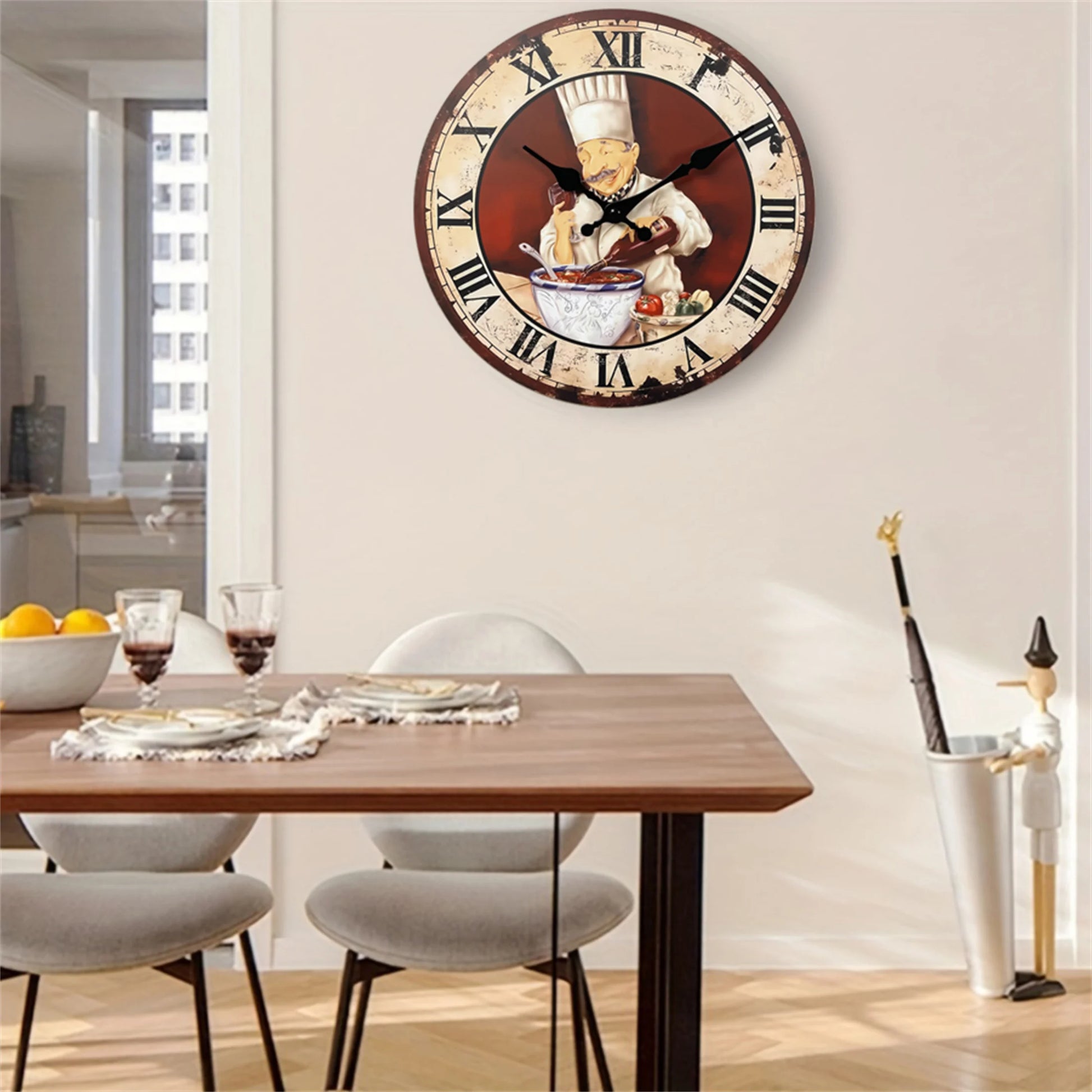 Rétro Italien Chef Modèle De Cuisine Horloge Murale En Bois Salon Chambre Cuisine Décoration De La Maison Horloge Murale Horloge À Quartz Silencieuse Cadeau De Vacances 10 Pouces 12 Pouces 14 Pouces 16 Pouces (Sans Piles)