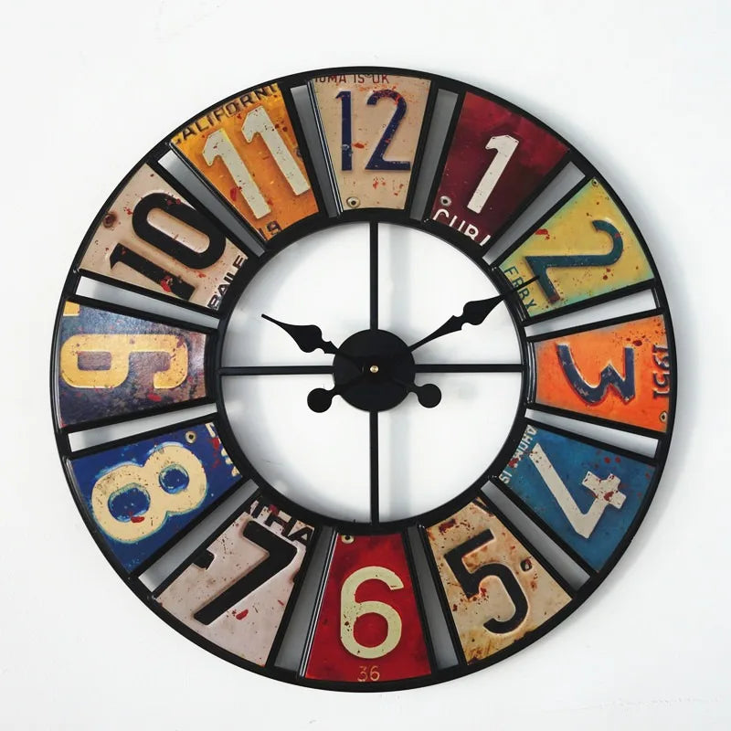 Horloge Murale Numérique Circulaire Rétro, Horloge Murale Créative En Forme De Plaque D'Immatriculation, Autocollant Décoratif En Fer