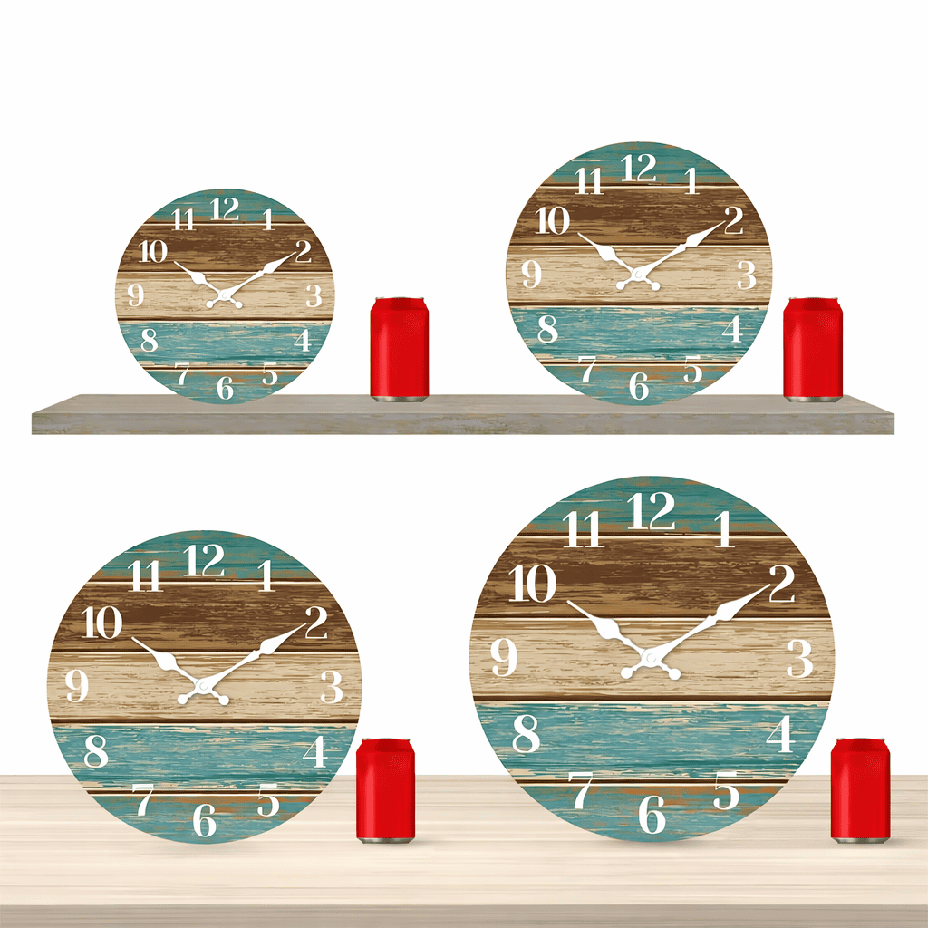 Comparatif des tailles d’horloges murales en bois vintage avec différentes dimensions, présentation visuelle pour choisir le bon diamètre