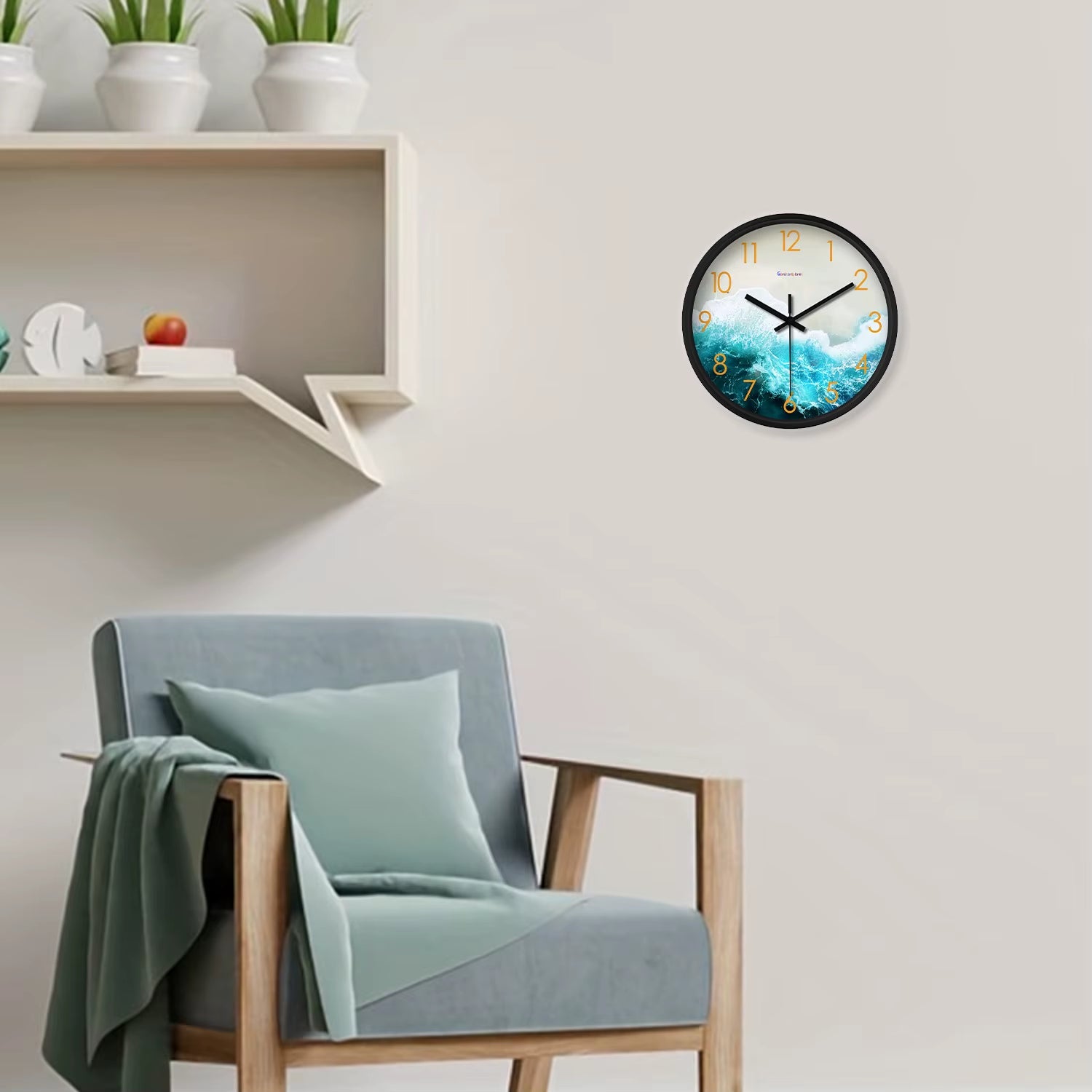 8Inch Modern Fashion Seaside Beach Pattern Plastic Glass Wall Clock Living Room Bedroom Kitchen Home Decoration Wall Clock Silent Quartz Clock Holiday Gift (No Battery)