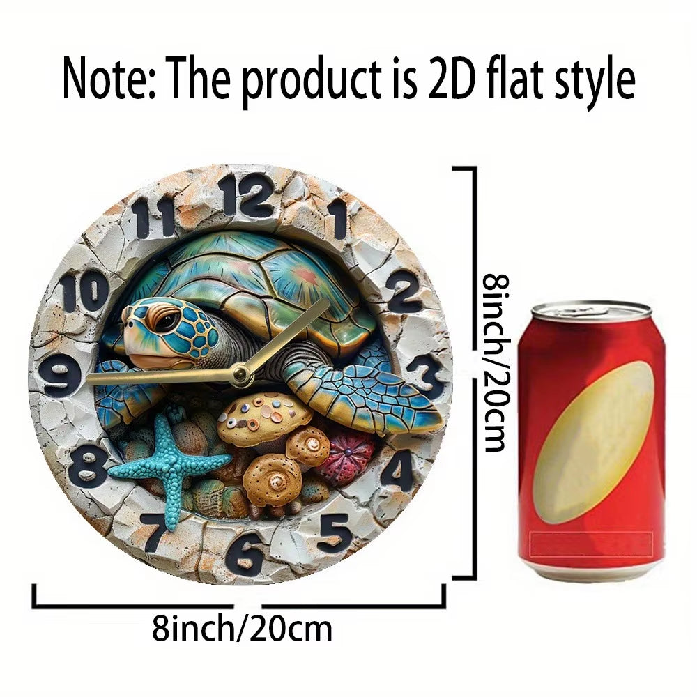 Wooden Wall - Clock with a Sea - Turtle and Seashells Pattern, Ideal for Coastal or Nautical Themed Rooms, Uses AA Batteries