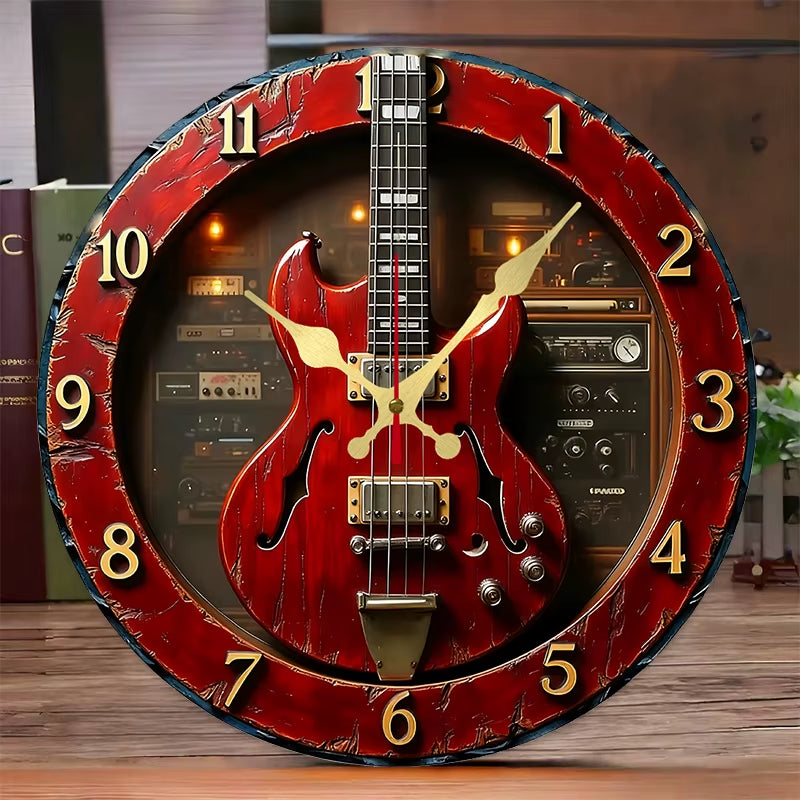 Vintage Guitar Wooden round Silent Hanging Wall Clock, Suitable for Living Room, Office, Study Room, Bedroom, Home Decoration