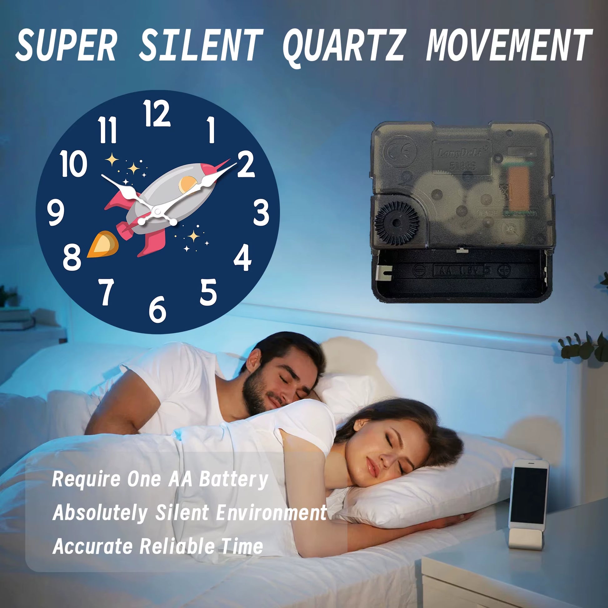 1Pc 12 Inch Wooden Wall Clock, Space Rocket Design Cartoon Wall Clock, Silent Clock, Suitable for Living Room Bedroom, Room Deco
