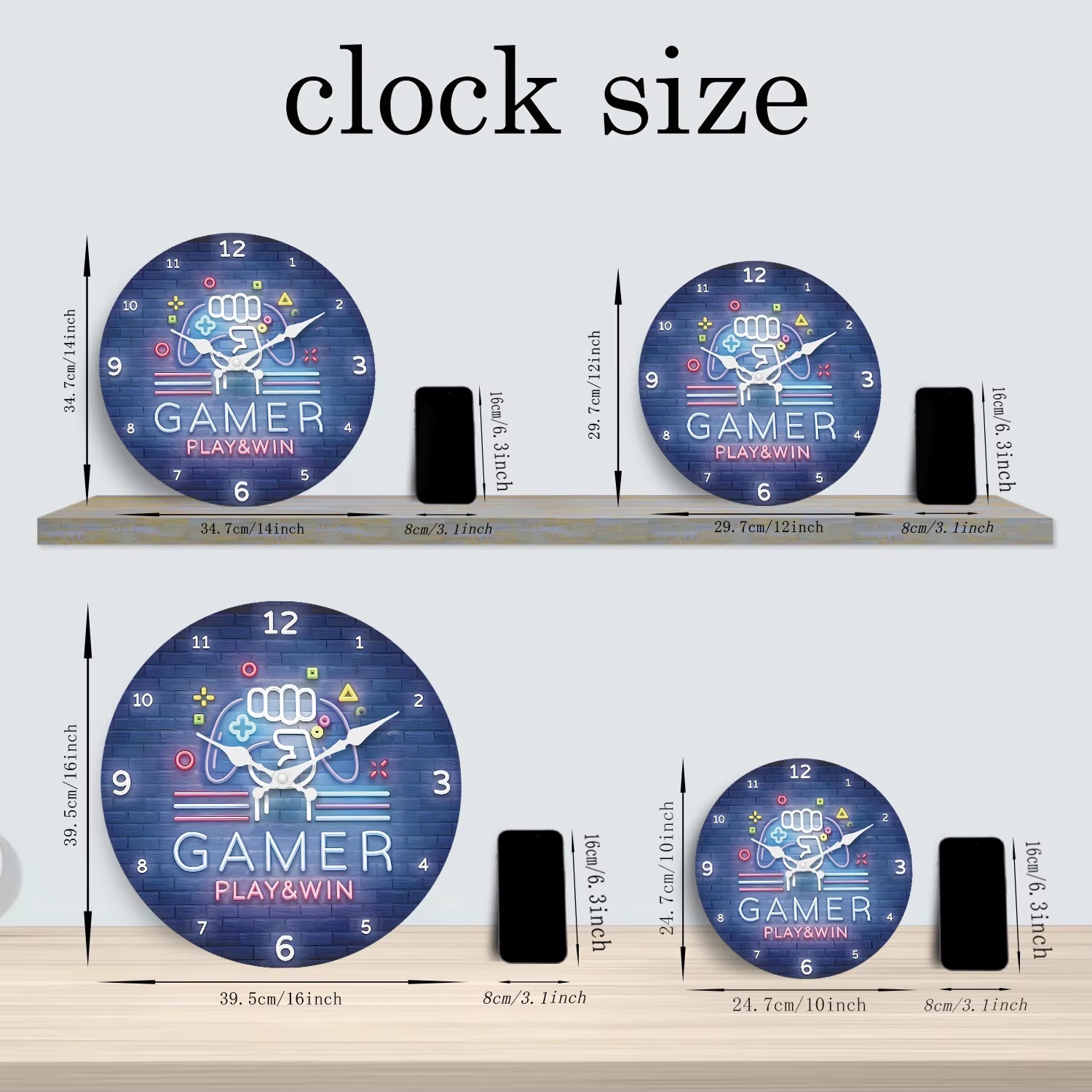 Fashionable Neon Game Console Pattern Wooden Wall Clock Living Room Bedroom Kitchen Home Decoration Silent Quartz Clock Holiday Gift 10-Inch 12-Inch 14Inch 16Inch (No Battery)