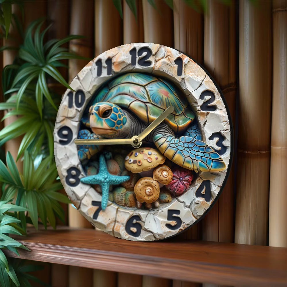 Wooden Wall - Clock with a Sea - Turtle and Seashells Pattern, Ideal for Coastal or Nautical Themed Rooms, Uses AA Batteries