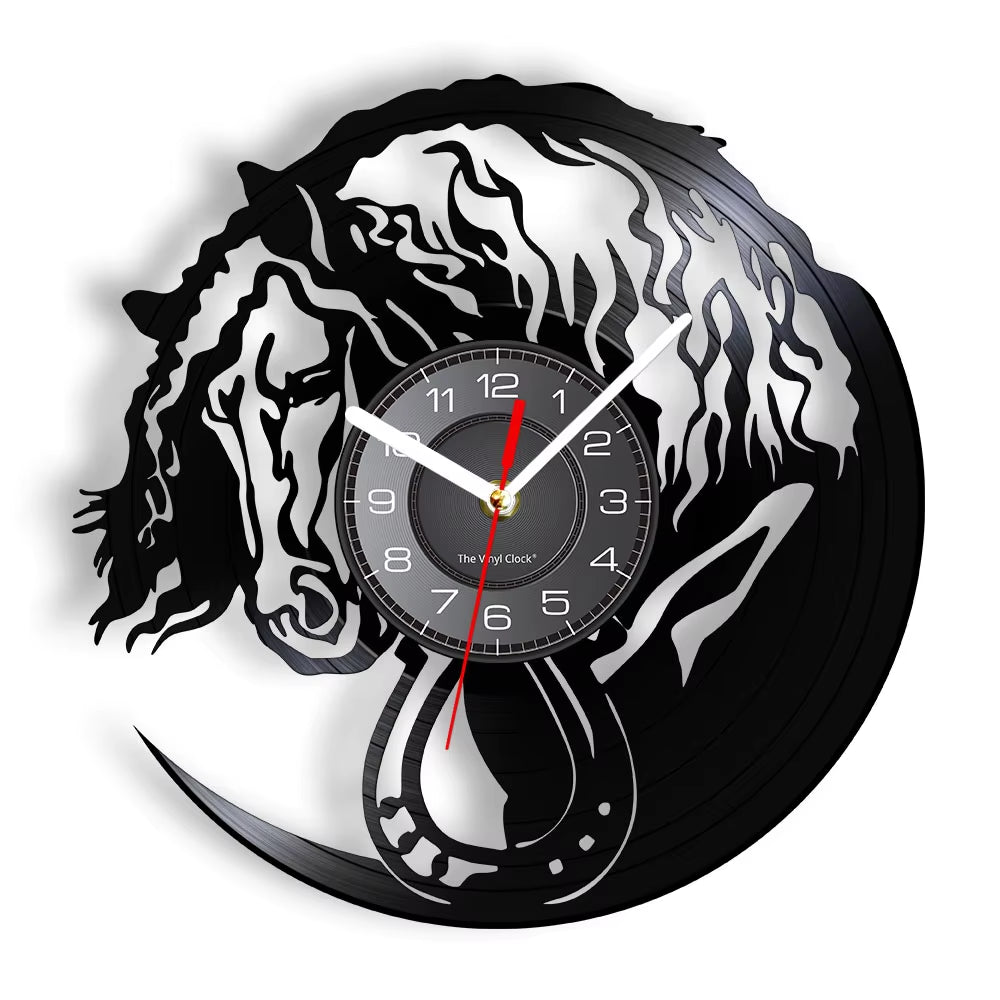 Nature Black Running Horses Equine Wall Art Wild Horses Clock Vintage Vinyl Record Wall Clock Horse Lover Home Decor Accessories