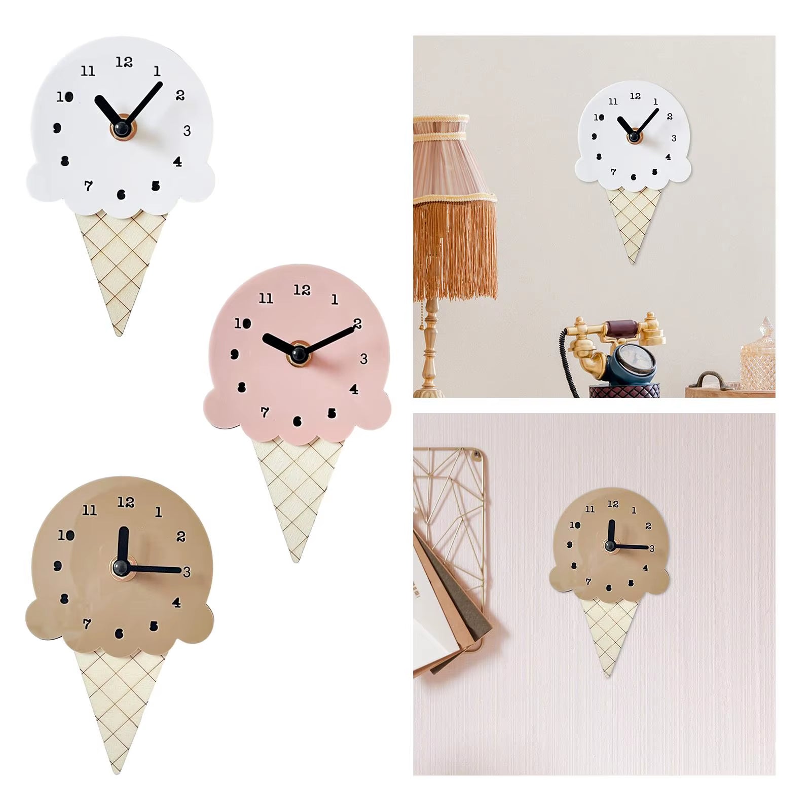 Wall Clock Ice Cream Shape Stylish Wooden Bedroom Clock for Living Room Decorating Children'S Rooms Office Home Wall Decor