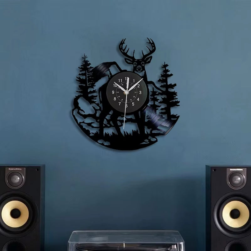 Deer Vinyl Wall Clock Vintage Vintage Vintage Vintage Vinyl Record Material 12 Inch Clock, Living Room, Bedroom, Home Decoration