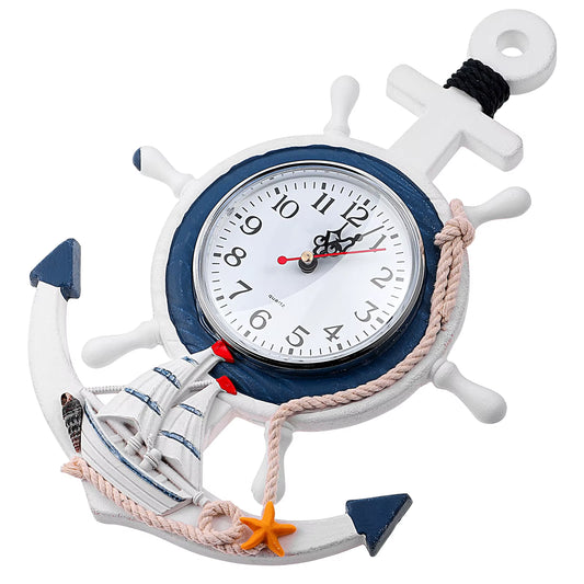 Rudder Anchor Wall Clock Mediterranean Decor Hanging Clock Seaside Nautical Wood Bedroom Waterproof Antioxidation