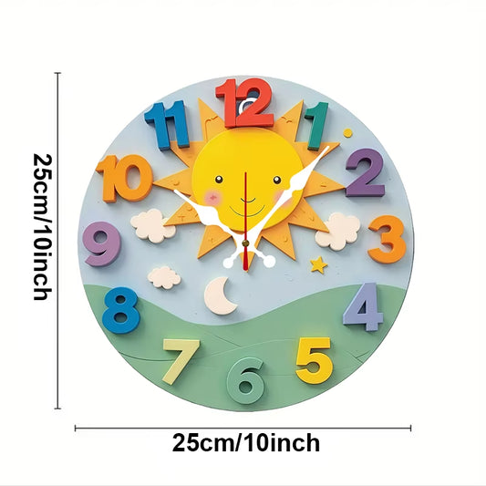 Cartoon Sun Wooden round Silent Hanging Wall Clock, Suitable for Living Room, Office, Study Room, Bedroom, Home Decoration