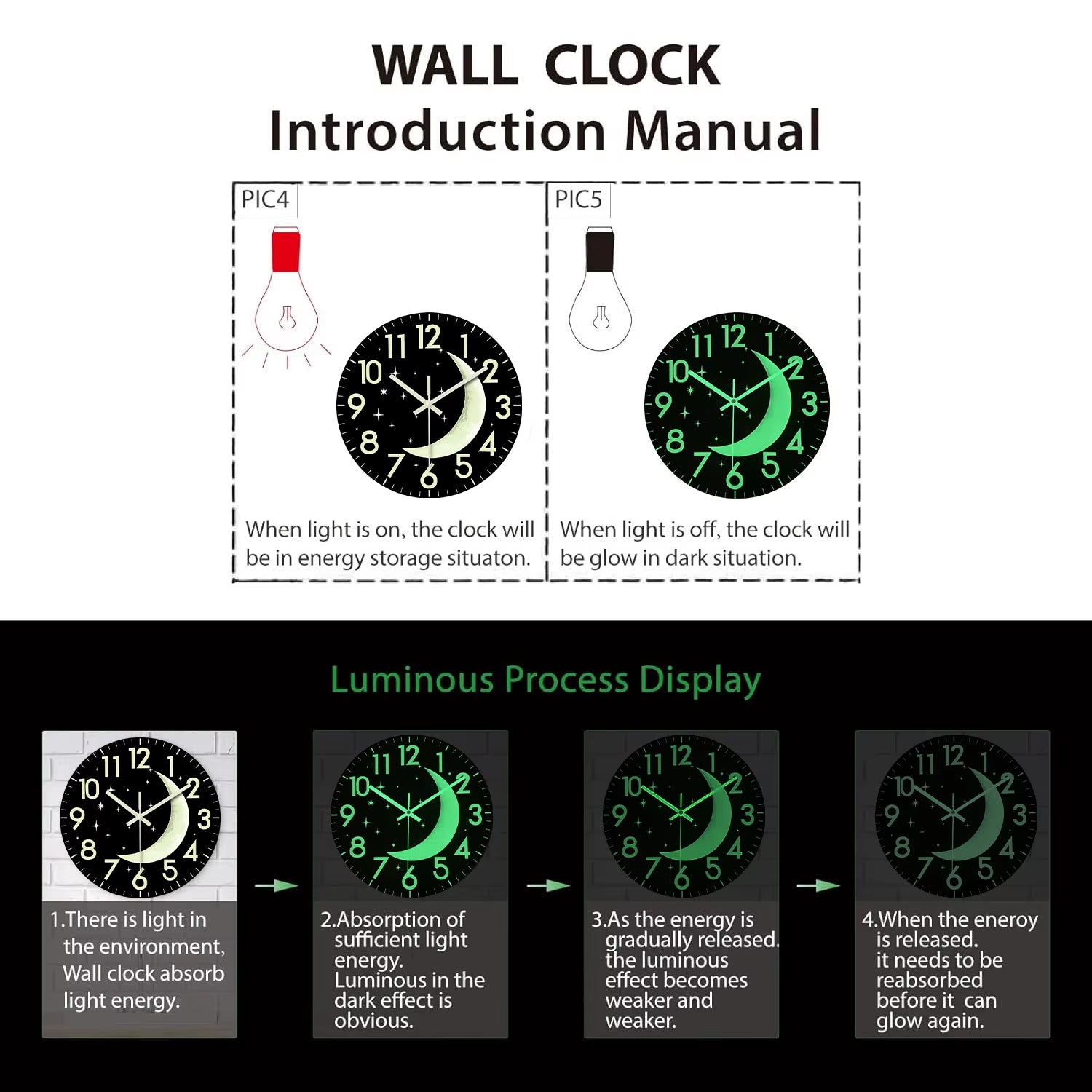 Creative and Simple Night Star and Moon Luminous Wooden Wall Clock Living Room Bedroom Kitchen Home Decoration Wall Clock Silent Quartz Clock Holiday Gift 12 Inches 14 Inches 16Inch (Without Batteries)