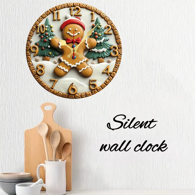 Festive Gingerbread Wooden round Silent Hanging Wall Clock, Suitable for Living Room,Office,Study Room, Bedroom, Home Decoration