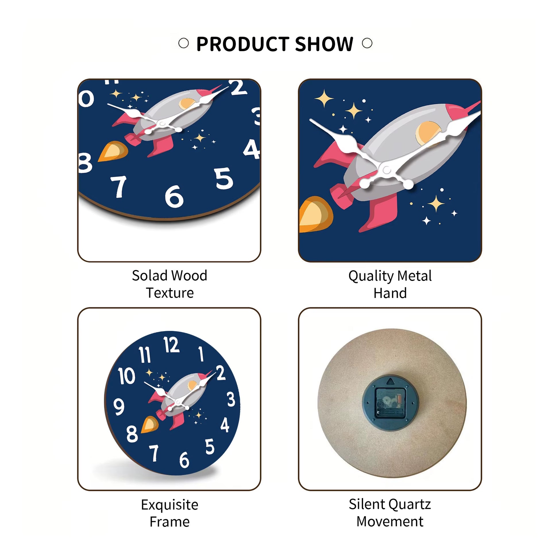1Pc 12 Inch Wooden Wall Clock, Space Rocket Design Cartoon Wall Clock, Silent Clock, Suitable for Living Room Bedroom, Room Deco