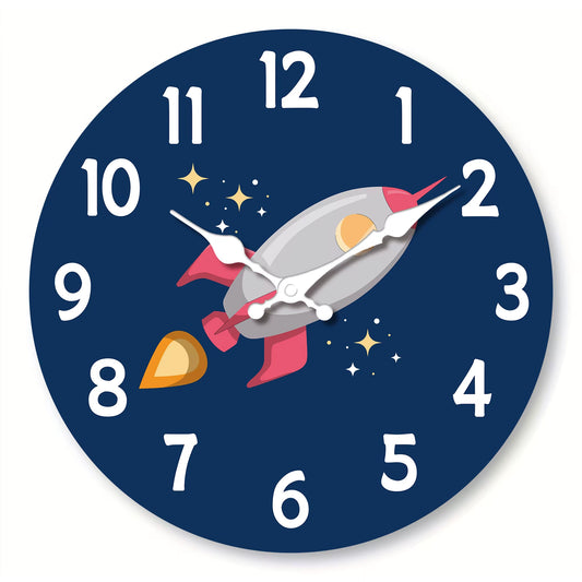 1Pc 12 Inch Wooden Wall Clock, Space Rocket Design Cartoon Wall Clock, Silent Clock, Suitable for Living Room Bedroom, Room Deco