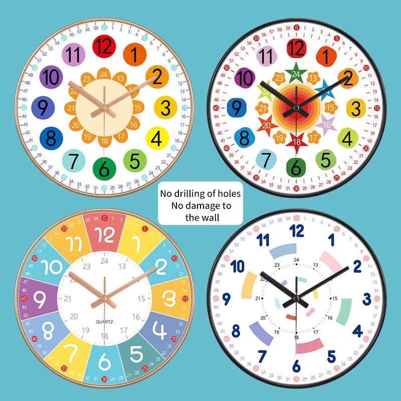 24 Style 8 Inch Early Childhood Education Clock Mute Home Living Bedroom Wall Punch-Free Battery Powered Electronic Color Clock