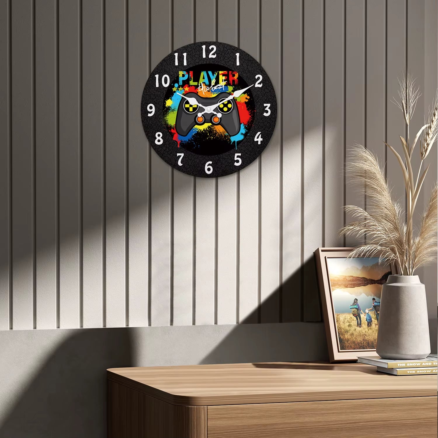 A Modern and Stylish Colorful Game Controller Wooden Wall Clock for Living Room, Bedroom, Kitchen, Home Decoration, Silent Quartz Clock, Holiday Gift, 10 Inches, 12 Inches (No Battery)