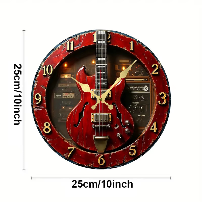 Vintage Guitar Wooden round Silent Hanging Wall Clock, Suitable for Living Room, Office, Study Room, Bedroom, Home Decoration