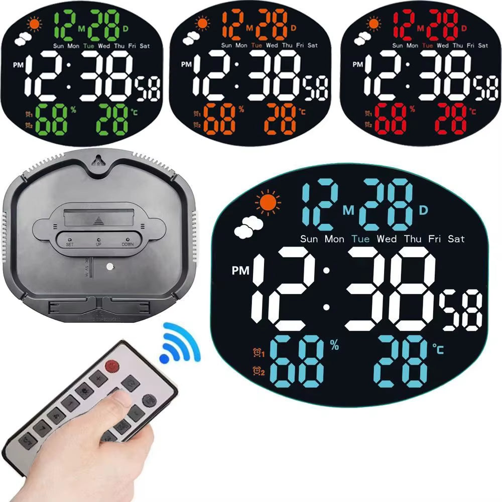 Multi-Functional Large Display Digital Clock Remote Control Mirrored LED Wall Clock Standing/Hanging Humidity/Temp Display
