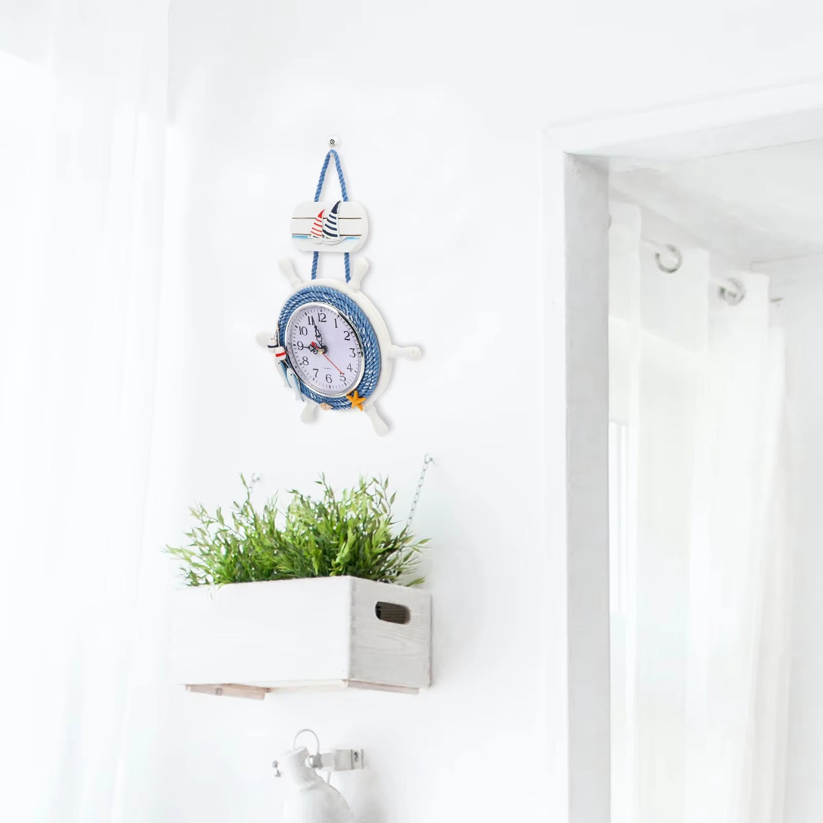 Premium Wooden Rudder Wall Clock Vintage Hanging Silent Decorative Mediterranean Style Nautical Anchor Home Bar Cafe Room Office