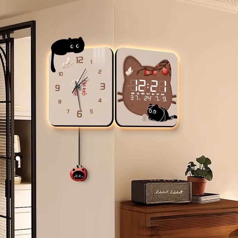 2025 New Cute Cartoon Cat Digital Corner Wall Clocks Living Room Double-Sided Decorative Clock Corner Double-Sided Silent Clocks