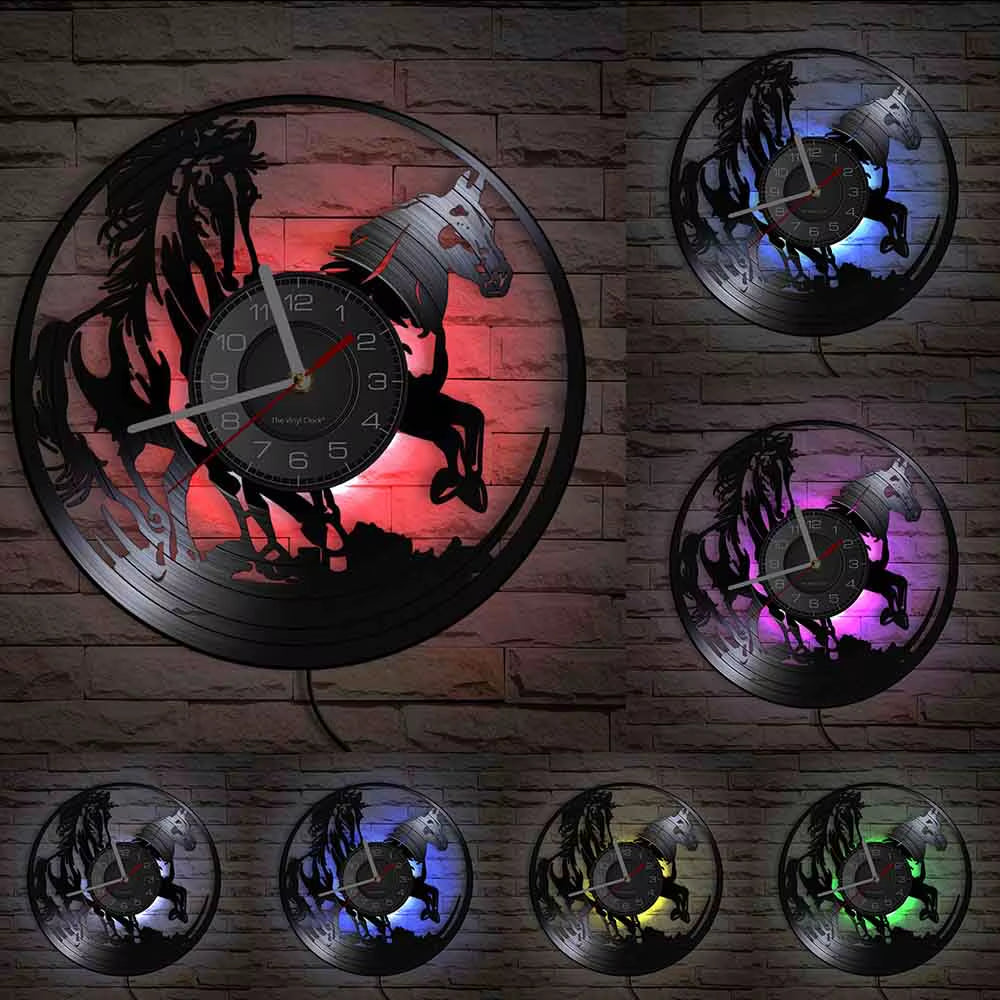 Nature Black Running Horses Equine Wall Art Wild Horses Clock Vintage Vinyl Record Wall Clock Horse Lover Home Decor Accessories