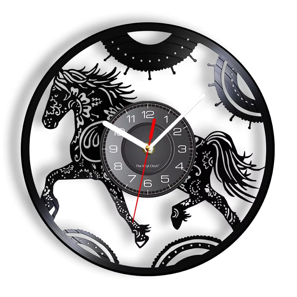 Nature Black Running Horses Equine Wall Art Wild Horses Clock Vintage Vinyl Record Wall Clock Horse Lover Home Decor Accessories