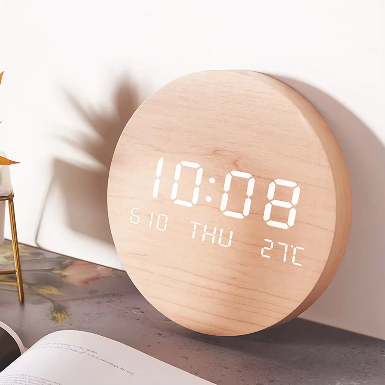 Round LED Wall Clock Wood Grain Texture Nordic Style Digital Temperature Date Display Silent Clocks for Home Living Room Bedroom