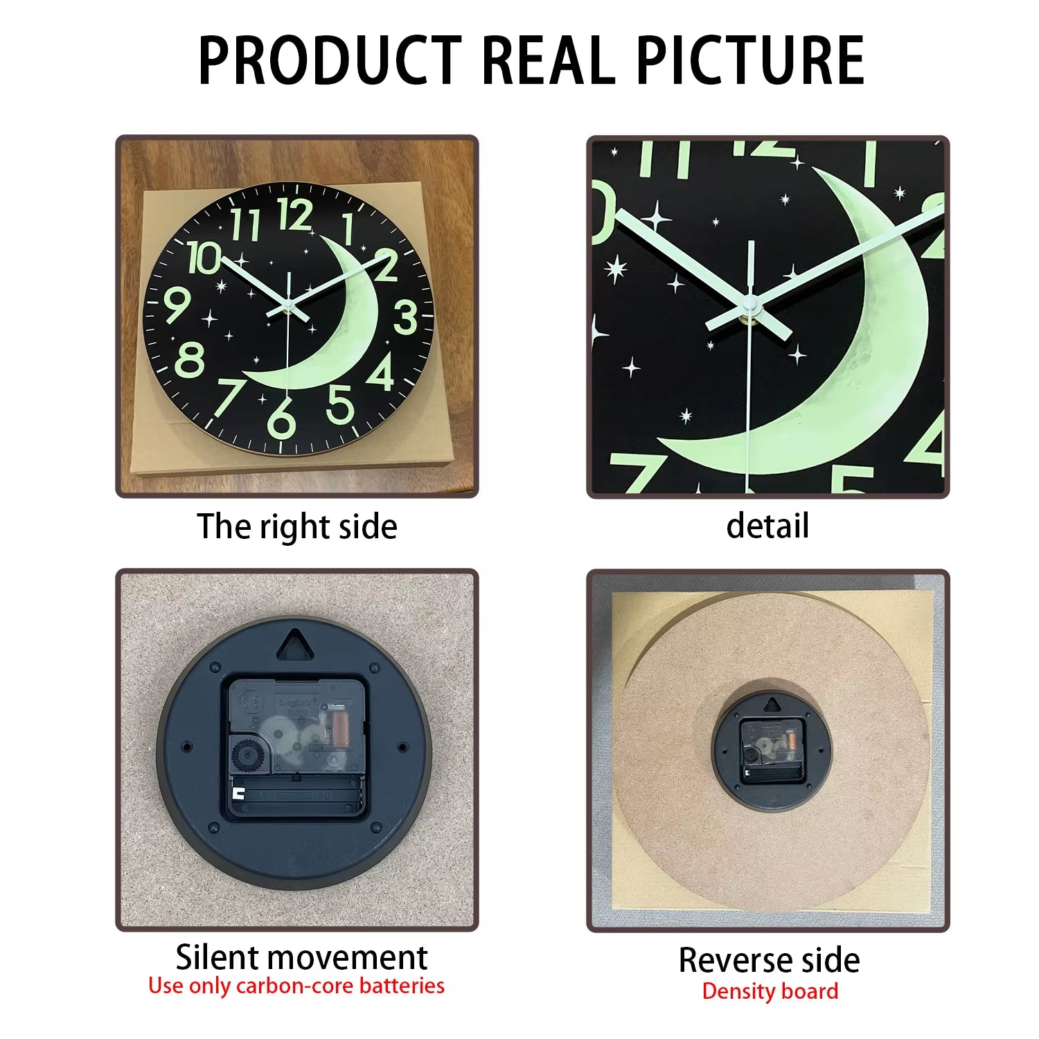 Creative and Simple Night Star and Moon Luminous Wooden Wall Clock Living Room Bedroom Kitchen Home Decoration Wall Clock Silent Quartz Clock Holiday Gift 12 Inches 14 Inches 16Inch (Without Batteries)