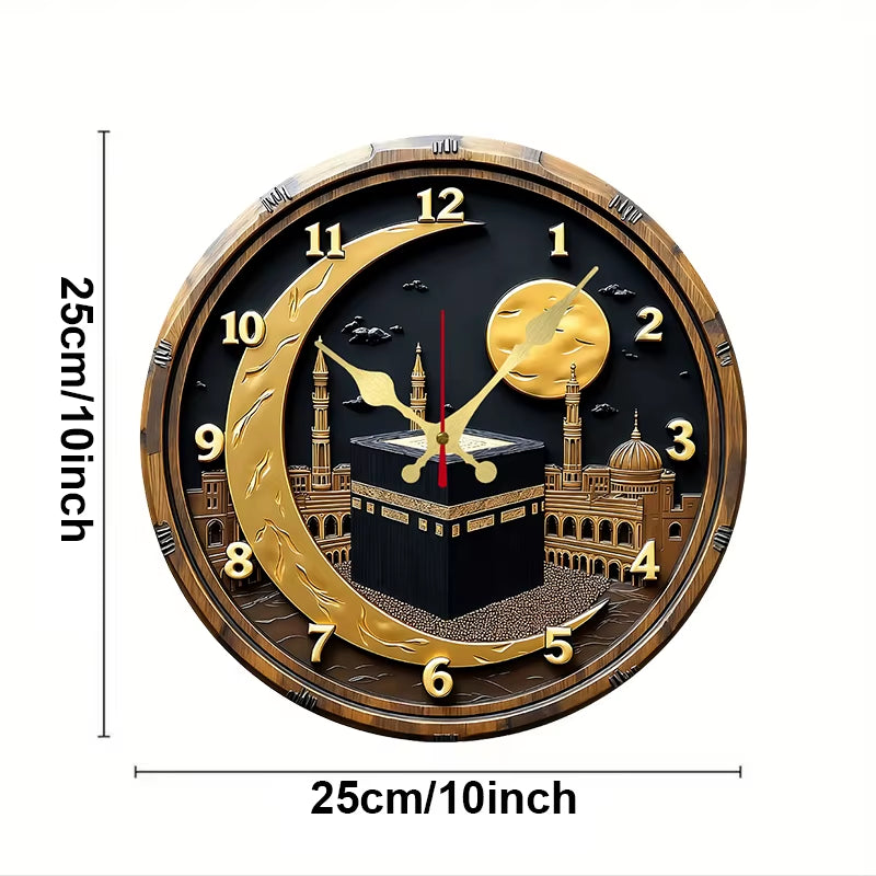 Black & Golden Kaaba Wooden round Silent Hanging Wall Clock, Suitable for Living Room,Office,Study Room,Bedroom, Home Decoration