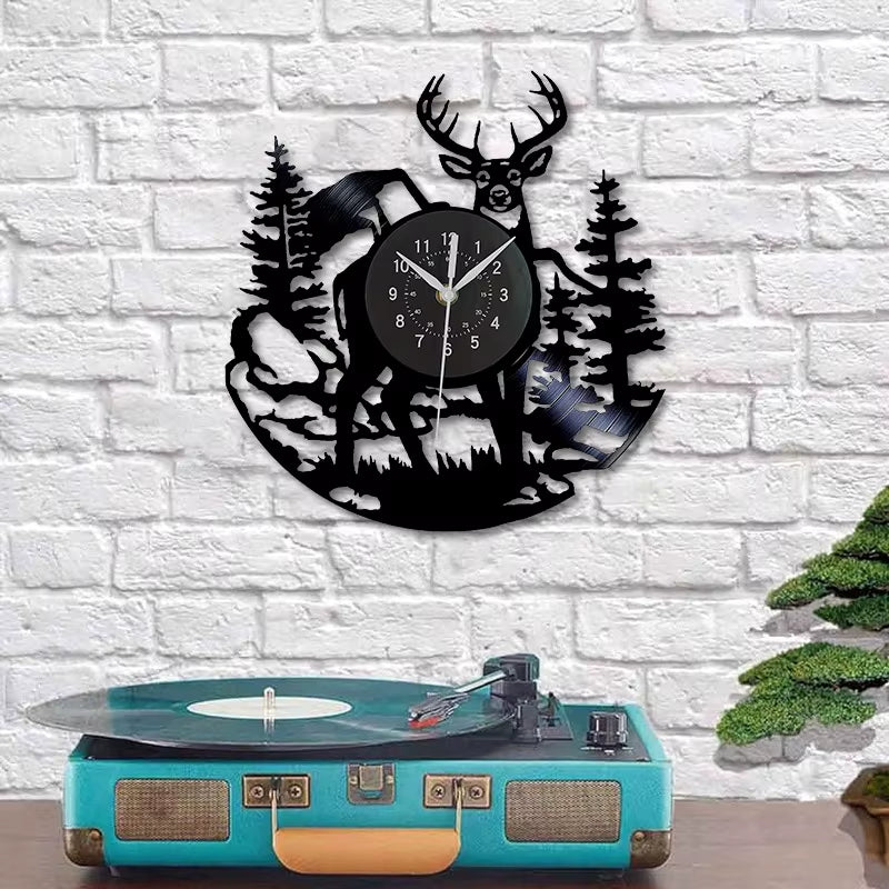 Deer Vinyl Wall Clock Vintage Vintage Vintage Vintage Vinyl Record Material 12 Inch Clock, Living Room, Bedroom, Home Decoration
