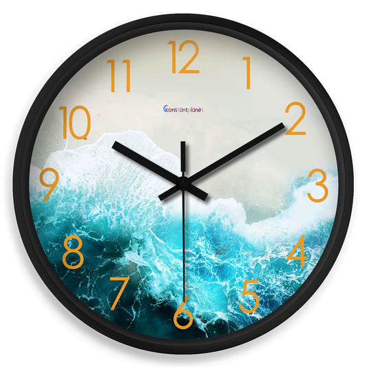 8Inch Modern Fashion Seaside Beach Pattern Plastic Glass Wall Clock Living Room Bedroom Kitchen Home Decoration Wall Clock Silent Quartz Clock Holiday Gift (No Battery)
