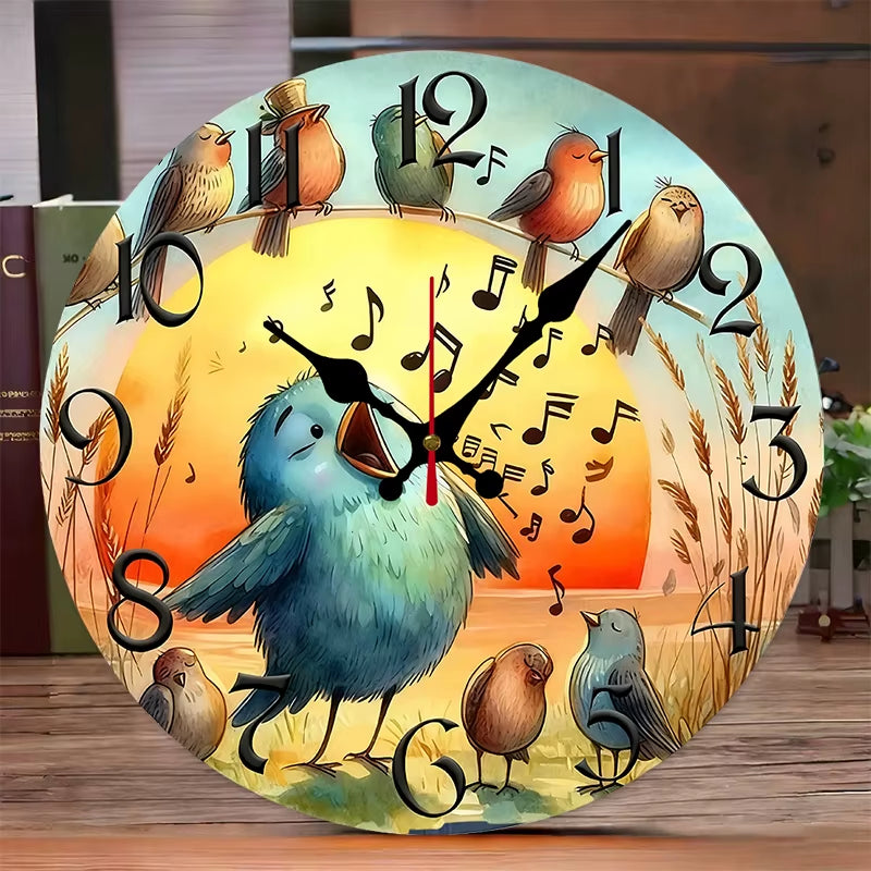 Singing Birds Wooden round Silent Hanging Wall Clock, Suitable for Living Room, Office, Study Room, Bedroom, Home Decoration
