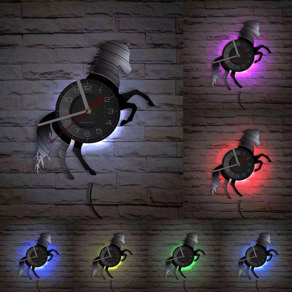 Nature Black Running Horses Equine Wall Art Wild Horses Clock Vintage Vinyl Record Wall Clock Horse Lover Home Decor Accessories