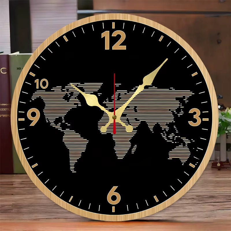 World Map Themed Wooden round Silent Hanging Wall Clock, Suitable for Living Room, Office, Study Room, Bedroom, Home Decoration
