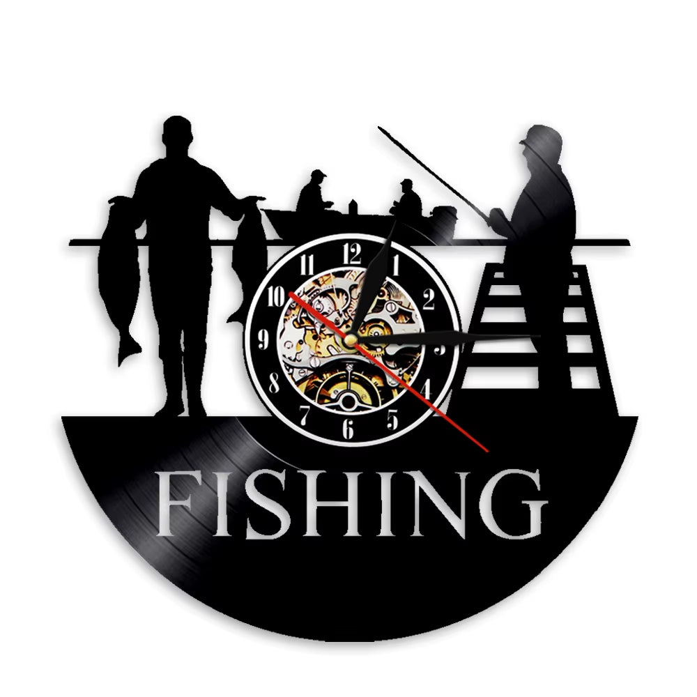 Go Fishing Art Decor Wall Clock Fisherman Modern Design Vinyl Record Hanging 3D Watches Unique Handmade Gift for Sea Humter